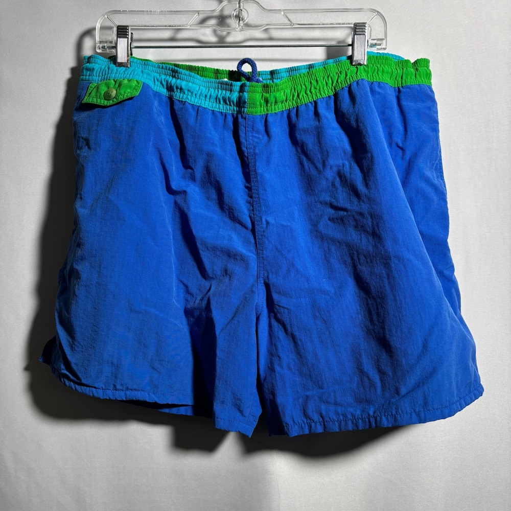 Vintage Blue Green Color Block Swim Trunks Shorts‎ Mens L 80s 90s Retro Colorful